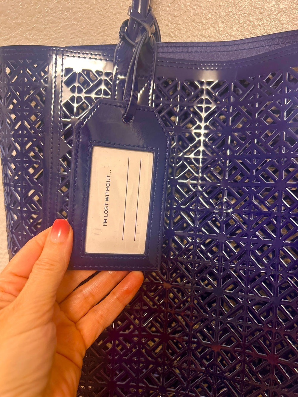 Tory Burch Navy Blue Laser-Cut Tote Bag with Tag ID Tag - Picture 4 of 9